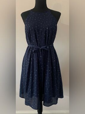 Women’s Navy Star Print Sleeveless Dress with Waist Tie